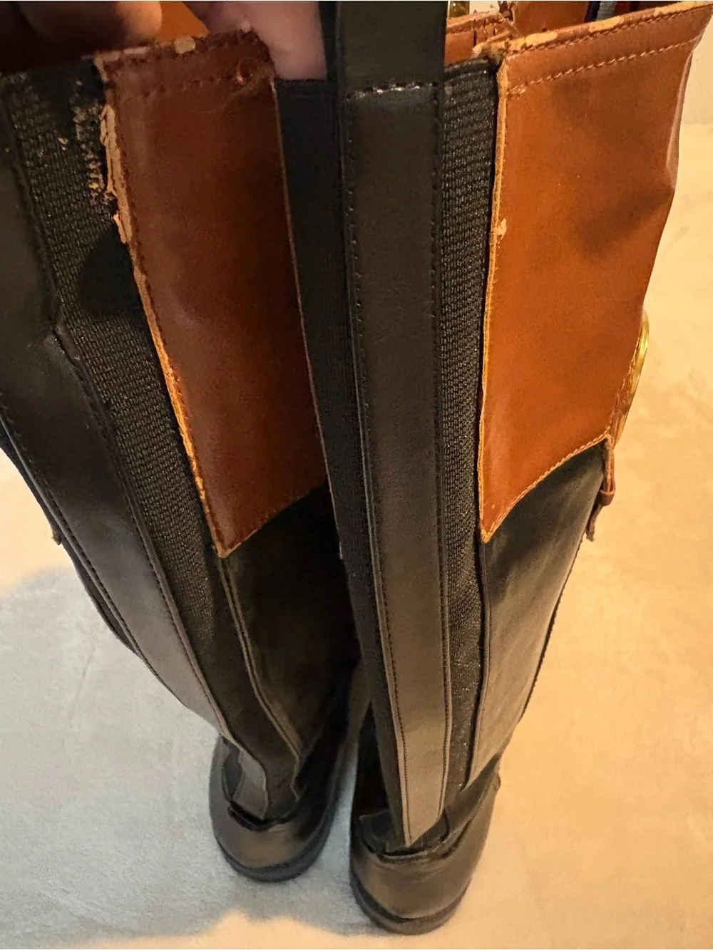 Tommy Hilfiger Black and Brown Leather Riding Boots with Gold Logo